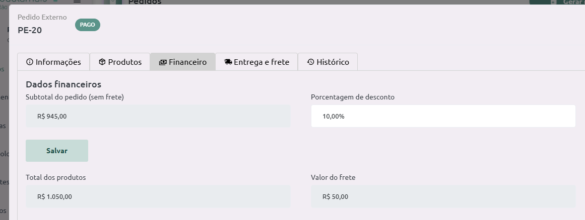 Alteração valores com pedido pago