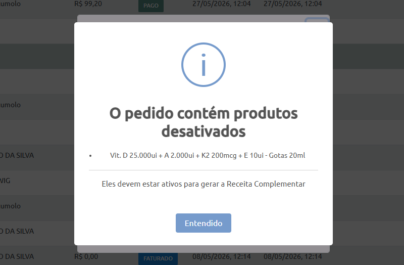 Mensagem de Produto Desativado