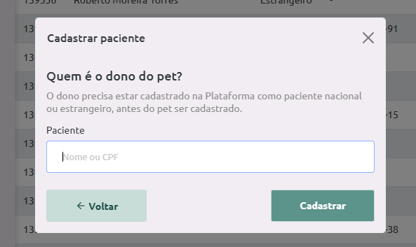 Paciente pet - selecionar dono