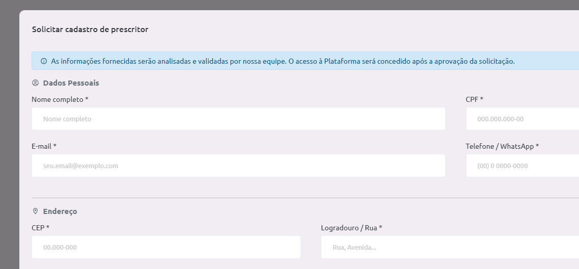 Formulário prescritor solicitação registro